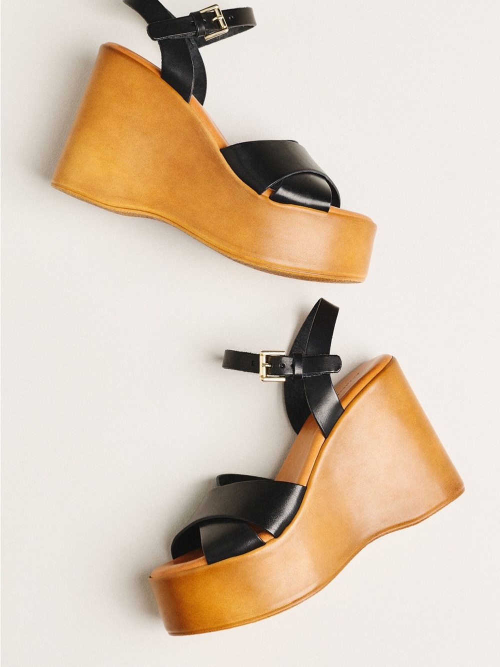Anthropologie Black Leather Crisscross Platform Wedge Sandals - Picture 3 of 9